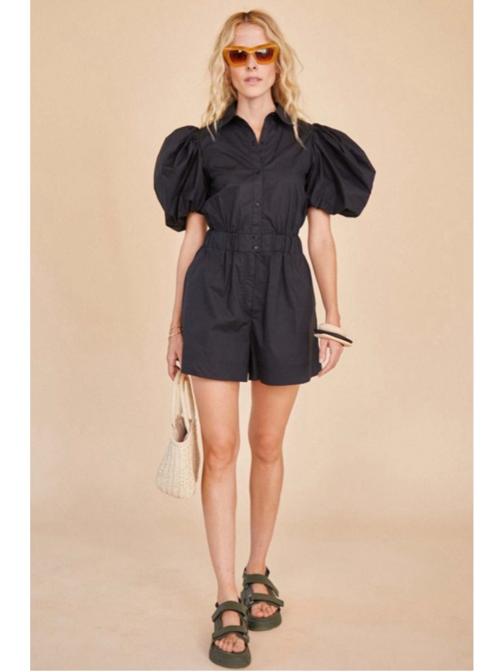Hunter Bell New York Black Cotton Puff Sleeve Romper Button Front Size 6 $398